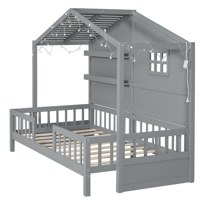 House Bed With Shelves, Window And Sparkling Light Strip On The Roof