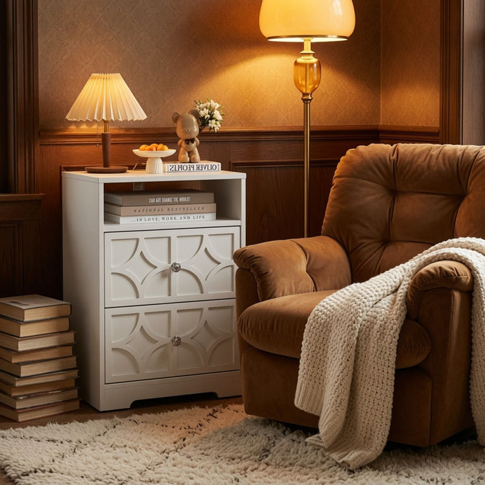 Nightstand With Diamond Carvings Handles, 2 Drawers & Charging Station
