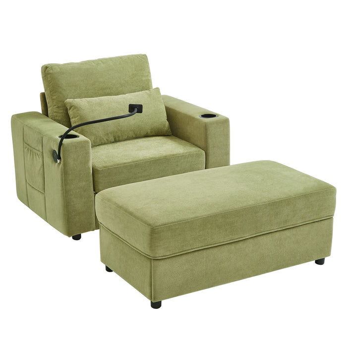 Modern Style Armchair Chaise Lounge Sofa Couch With Movable Storage Ottoman, USB Ports, Cup Holders, Phone Holder, Side Pockets