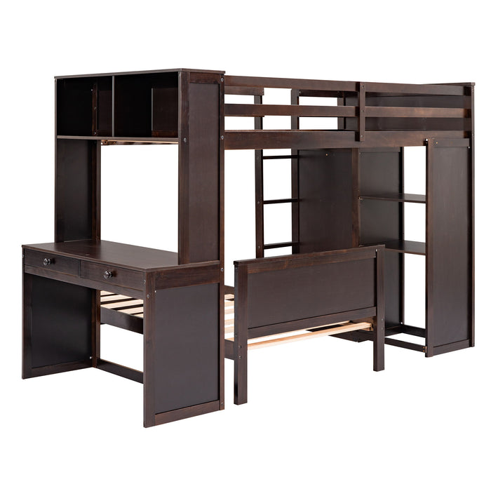 Loft Bed With A Stand Alone Bed, Shelves, Desk, And Wardrobe