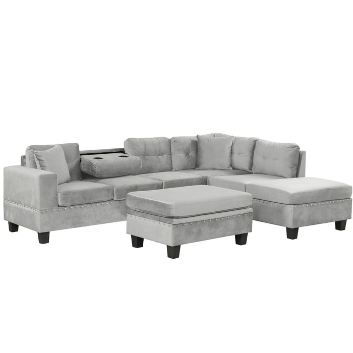 Modern Sectional Sofa With Storage Ottoman, L - Shape Couch With 2 Pillows And Cup Holders