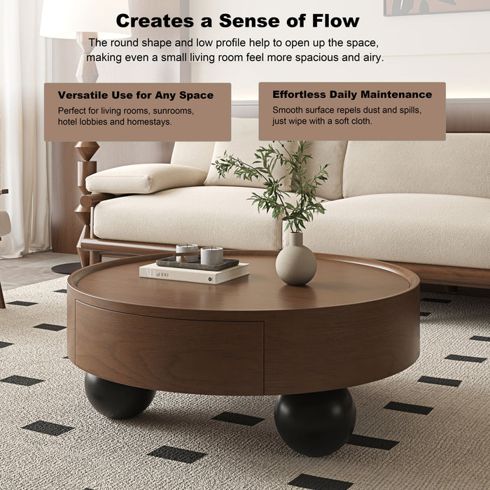Round Coffee Table With Storage Drawer And Ball Feet - Walnut / Black