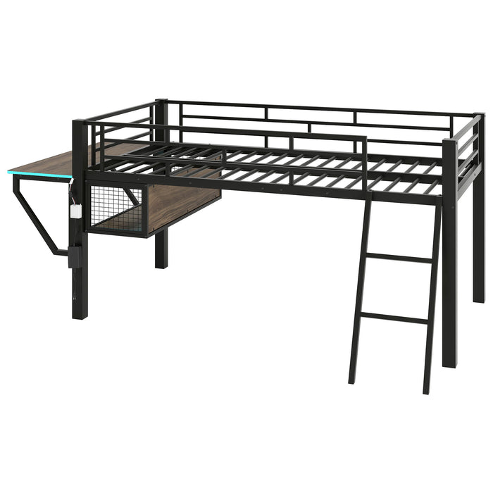 Gaming - Twin Loft Bed With Desk And LED - Black