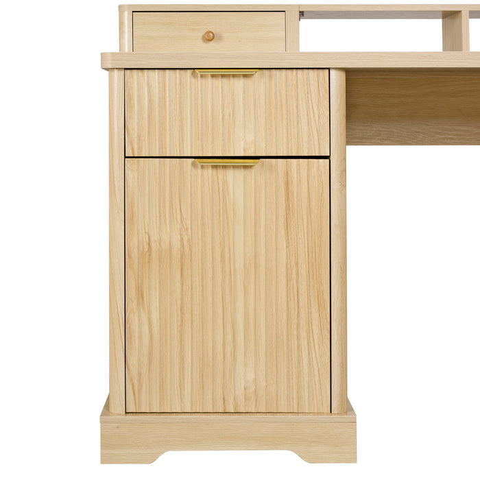 Fluted L-Shaped Desk With Charging Station & Storage Cabinet