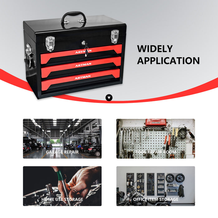 Portable 20" Steel Tool Box With 3 Drawers And Metal Latch Closure - Black / Red