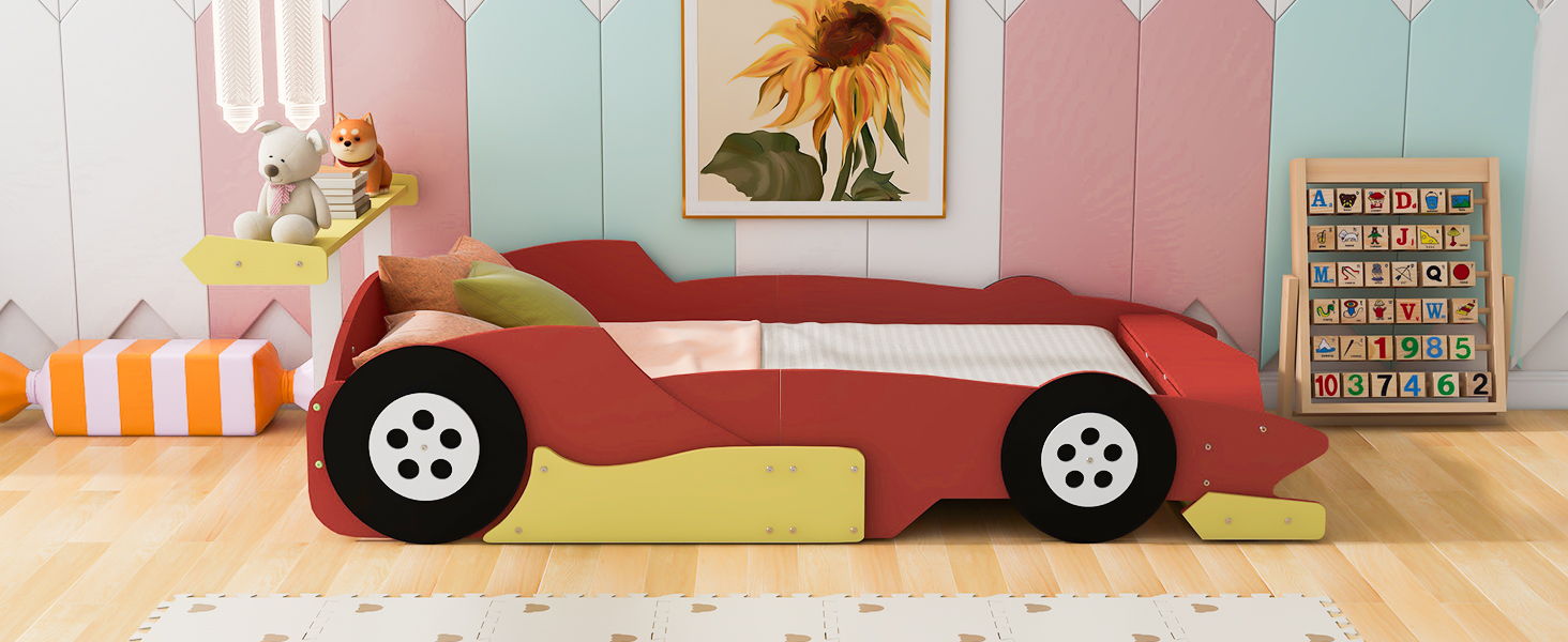 Race Car-Shaped Platform Bed With Wheels
