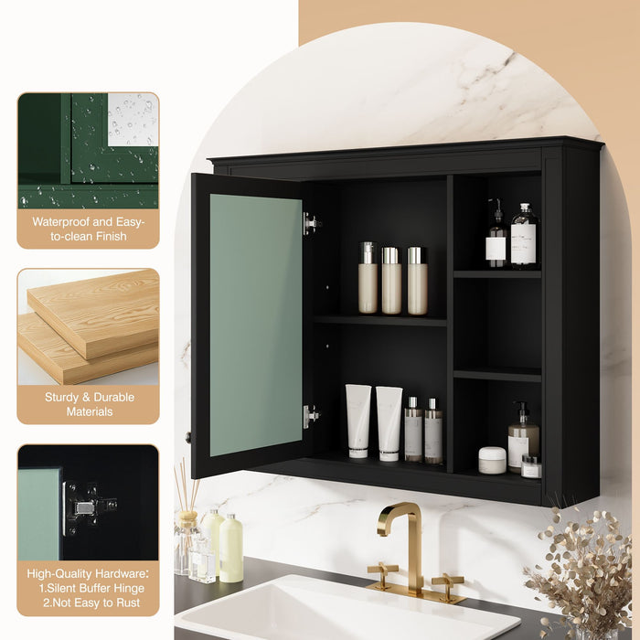 Wall-Mounted Medicine Cabinet With Mirror, 6 Open Shelves And Adjustable Interior - Black