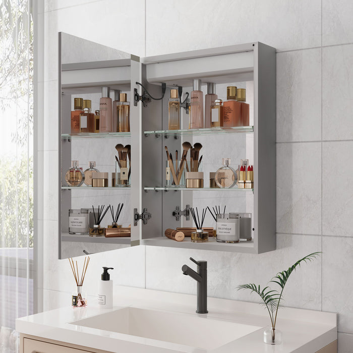 20 X 28" Bathroom Medicine Cabinet With Mirror Wall Mounted LED Bathroom Mirror Cabinet With Lights, Anti-Fog, Waterproof, Dimmable, 3000K~6000K, Single Door, Touch Swich, Storage Shelves - Silver