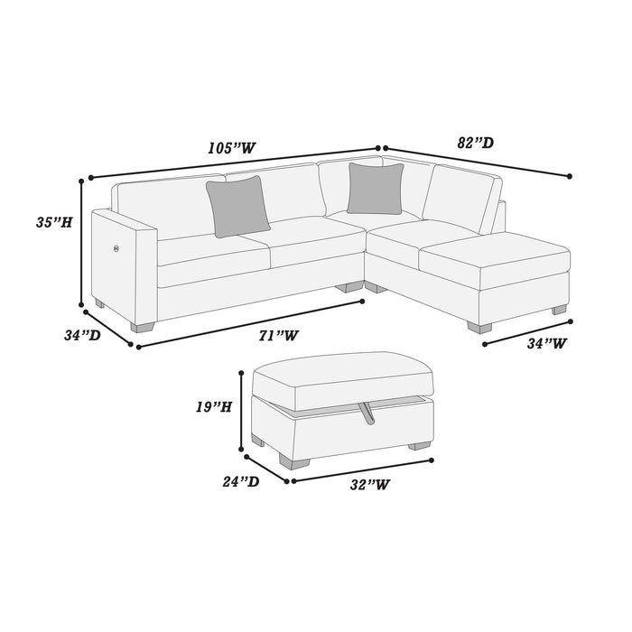 3 Piece Sectional Sofa With Reversible Chaise And USB Storage Ottoman
