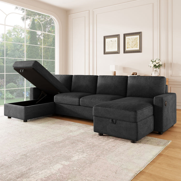 Convertible Sectional Sofa With Storage Chaise Lounges And USB Ports