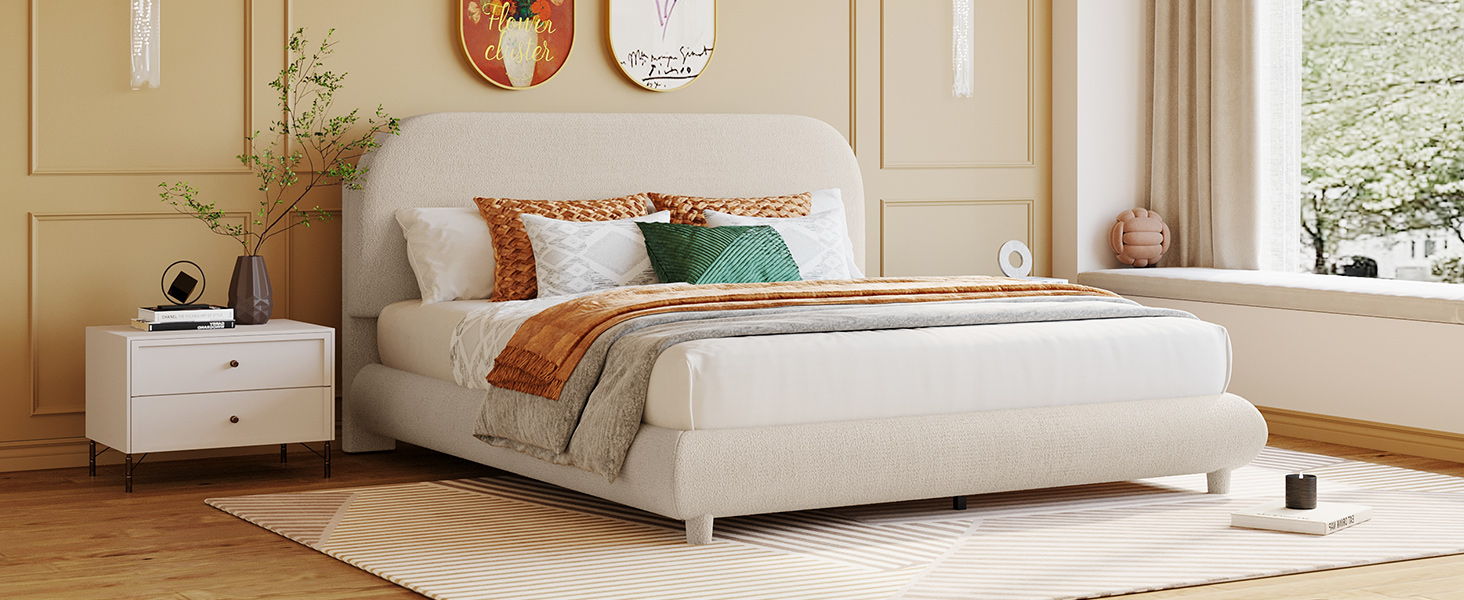 Upholstered Platform Bed With Thick Solid Frame And Stylish Curve-Shaped Design