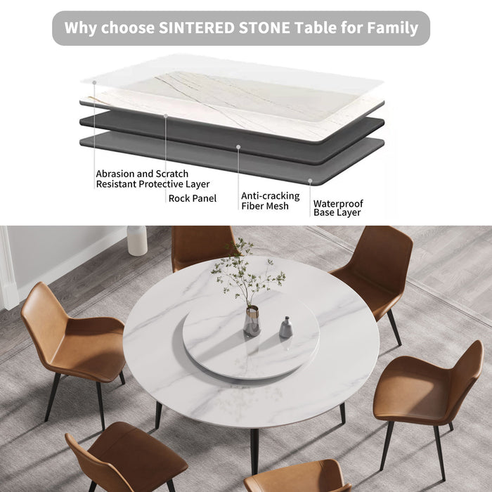 59.05" Modern Artificial Stone Round Metal Dining Table, Can Accommodate 6 People Artificial Stone Turntable - White / Black
