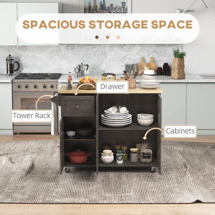 Homcom - Triple-Cabinet Rolling Kitchen Island On Wheels, Kitchen Cart With Storage Shelf Adjustment, Rolling Utility Cart With Wood Top, Towel Rack, Big Drawer - Distressed Brown