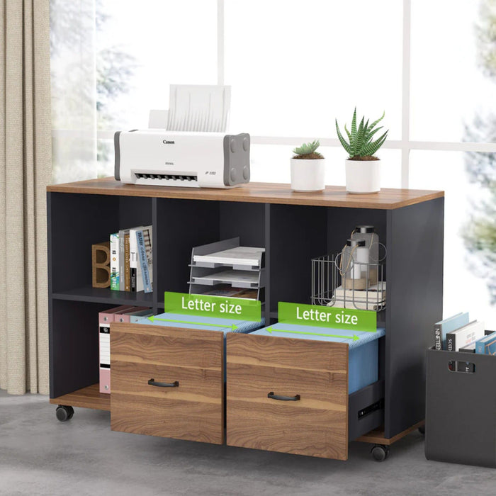 L-Shaped Executive Desk With Mobile File Cabinet, Large Home Office Workstation With Drawers And Shelves - Brown / Black