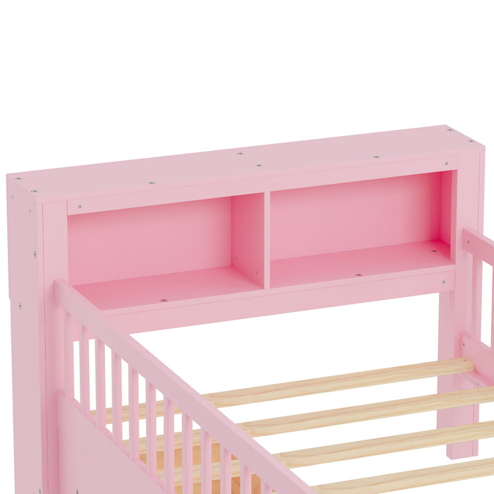 Bed With Headboard Storage Rack, 2 Under Bed Drawers, 3 Side Guardrails For Safety