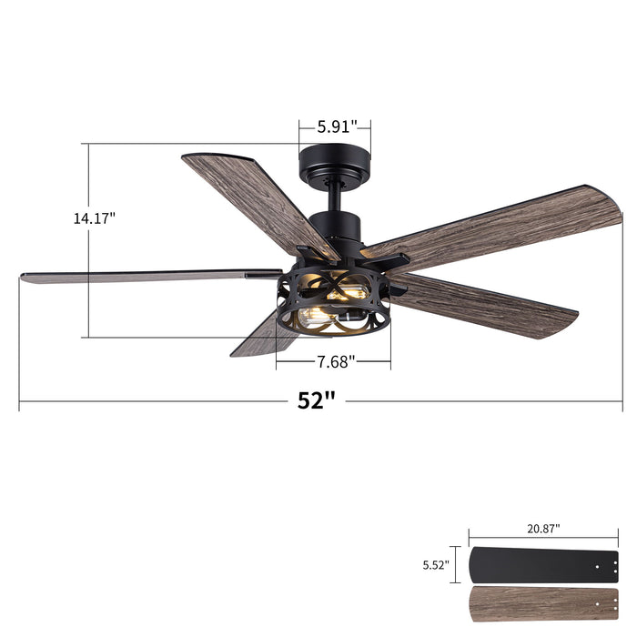 Ceiling Fan With Light, Dual‑Sided Matte Black & Wood Grain Blades - Black
