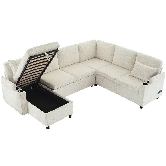 U-Shaped Sectional Sleeper Sofa With Ample Storage Space, 2 Cup Holders And Charging Ports For Living Room