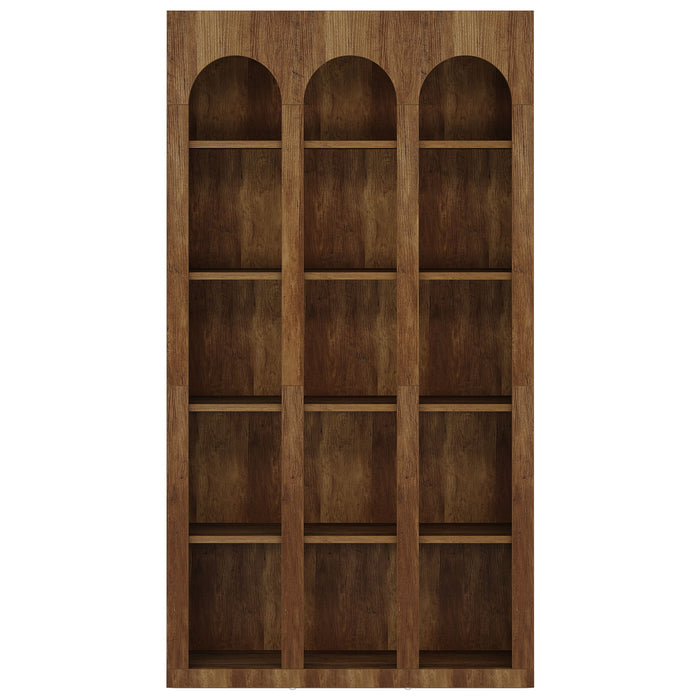 5 Tier Farmhouse Arched Bookcase For Living Room - Rustic Brown