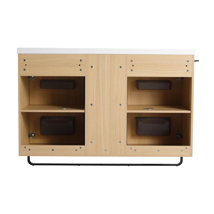 48" Freestanding Bathroom Vanity With Double Sink, 2 Soft Close Doors & 3 Open Shelves - Oak