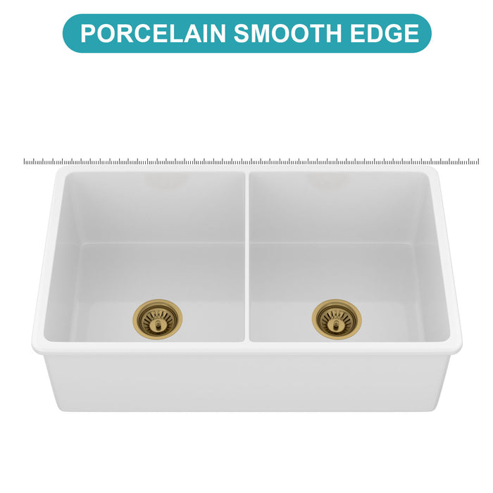 32" Undermount Double Bowl Kitchen Sink Rectangular Deep Dual Bas With Grids - White