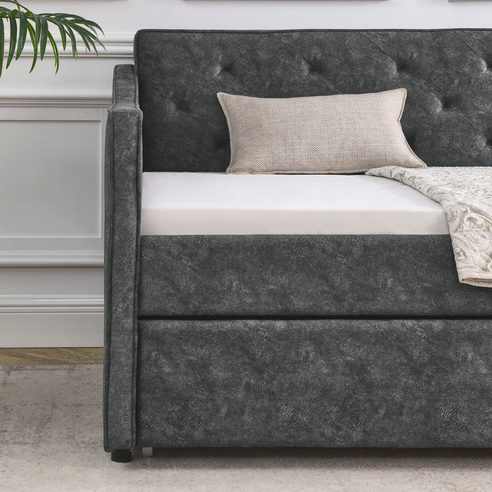 Twin Upholstered Daybed With Trundle, Waved Arms - Gray
