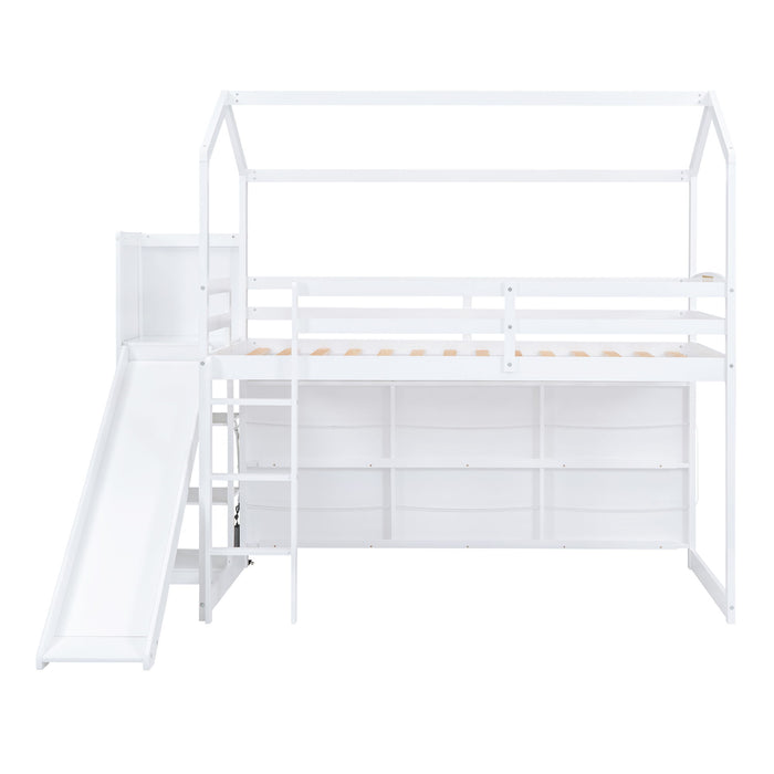 House Loft Bed With Slide, Storage Shelves And Light, Climbing Ramp
