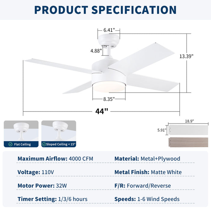 Ceiling Fan With Remote Control, Reversible DC Motor, 6 Speeds, 3 Dimmable LED, Quiet Timer For Indoor - White