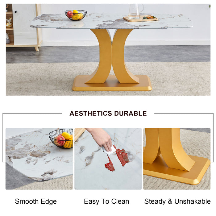 Modern Minimalist Dining Table With Imitation Marbled Glass Top And Legs For Kitchen And Living Room - Gold
