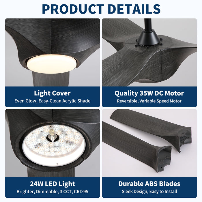 Reversible Quiet Motor Ceiling Fan Light With ABS Blades - Black / Gray