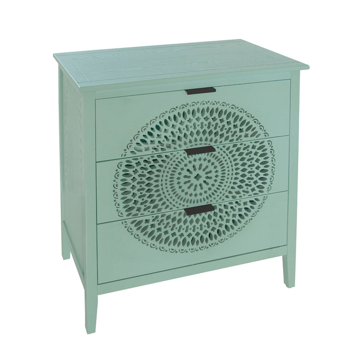 3 Drawer Storage Cabinet With Hollow Carved Design And Metal Handles, Chest For Entryway, Living Room Or Bedroom - Light Green