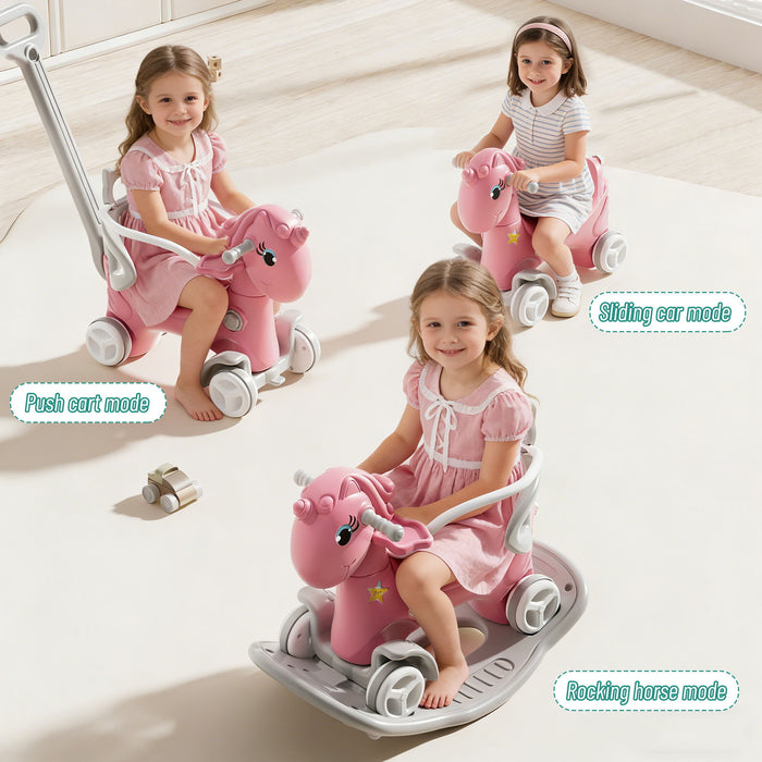 Unicorn Rocking Horse For Toddlers, Ride On Toy With Push Handle And Balance Board - Pink