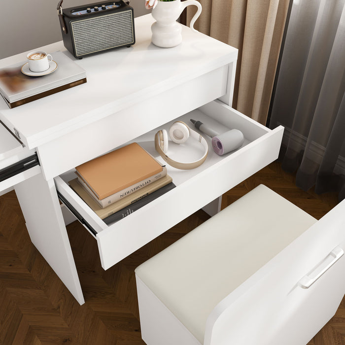 Folding Desk With Mirror And Storage Stool For Bedroom Or Apartment - White