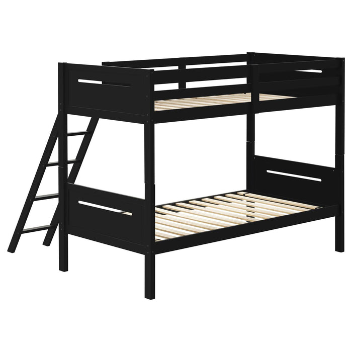 Twin / Twin Bunk Bed With Built In Ladder Frame With Angled Access And Safety Guardrails - Black