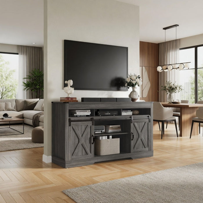 Farmhouse TV Stand With Sliding Barn Doors & Adjustable Storage