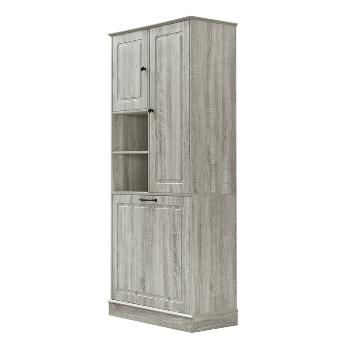 Modern Tall Storage Cabinet With Adjustable Shelves, Flip-Out Basket & Enclosed Doors