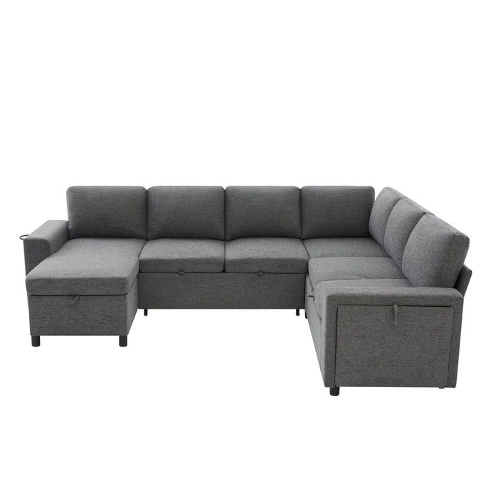U - Shaped Convertible Sectional Sofa Bed With Storage, USB Charger & Cup Holders