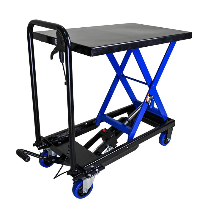 Hydraulic Lift Trolley, 500 Lbs Capacity, With 4 Wheels, For Material Handling And Transportation - Black / Blue