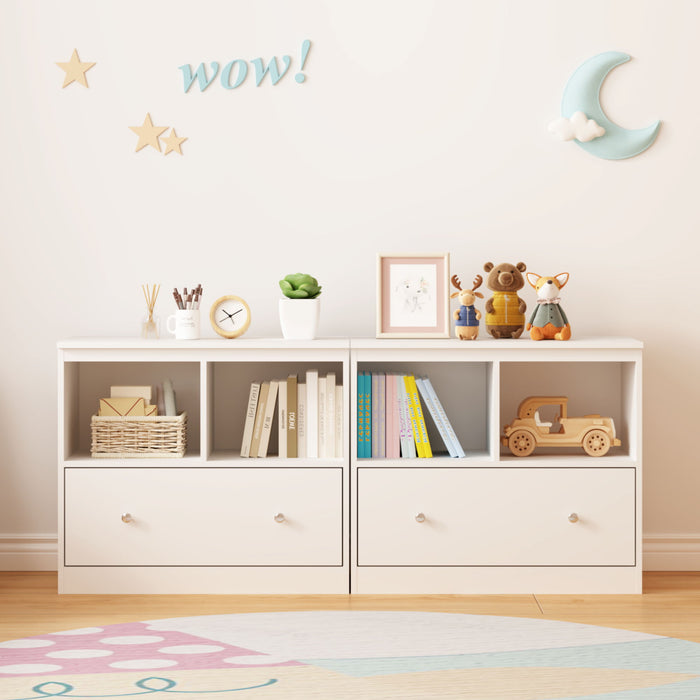 Toy Storage Organizer With Large Drawer And Low Bookshelf For Nursery & Playroom - White