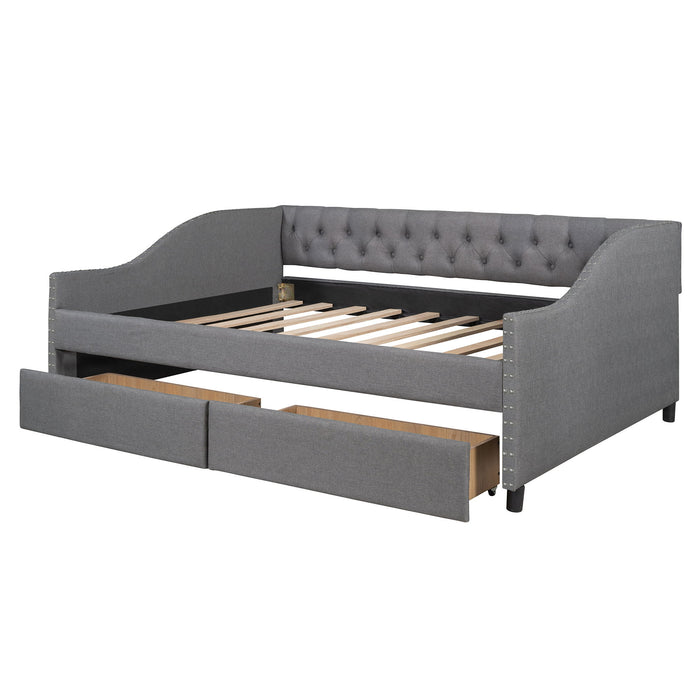 Upholstered Daybed With Two Drawers, Wood Slat Support