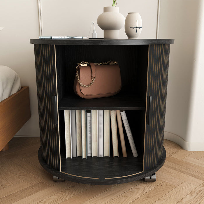 Cylinder Nightstand With Charging Station & Sliding Door