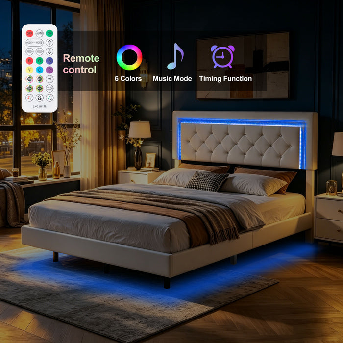 Platform Bed Frame With Adjustable Upholstered Headboard, RGB LED Lights, No Box Spring Needed