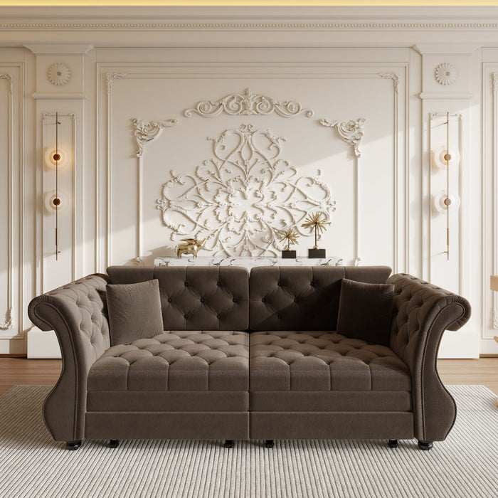 Oversized Chesterfield Pull Out Sofa Bed, Roll Arm Couch With Flower Tufting For Living Room