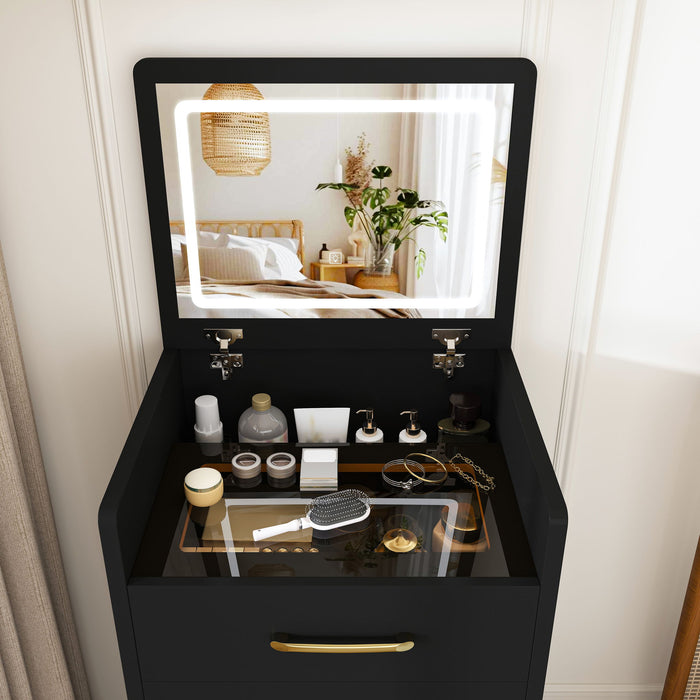 3 In 1 Vanity Desk With Open Top Mirror, Glass Desktop Makeup Set With 3 Drawers, Compact Dressing Table For Bedroom - Black