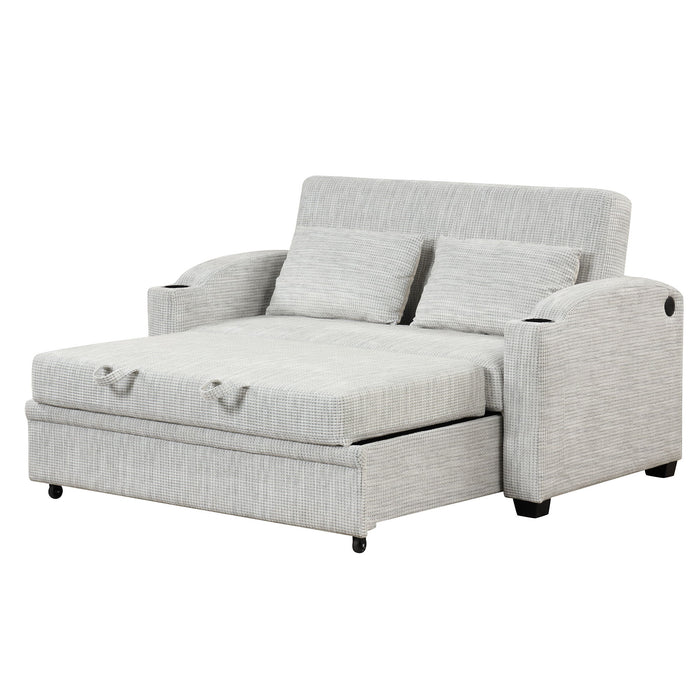Pull Out Loveseat Sofa With Adjsutable Backrest, 2 Pillows, Cup Holders, USB Ports For Living Room
