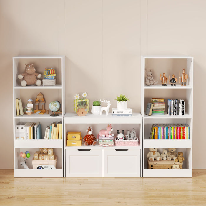 Book Organizer With Large Drawers And Open Shelves, Toy Storage Cabinet With Removable Wheels And Rounded Edges - White