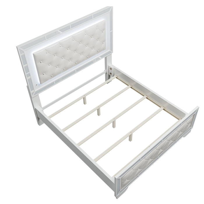 Eastern King Size Bed With LED Lights And Mirror Trim - Cream / Ivory