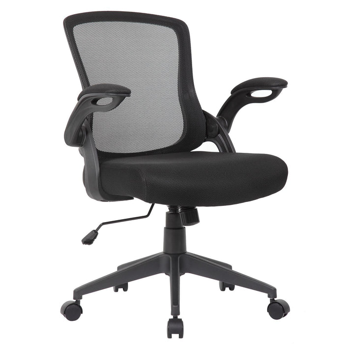 Office Chair With Mid Back Design, Adjustable Height And Foldable Armrests - Black