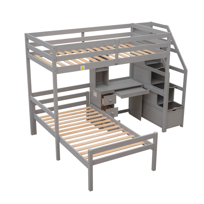 Loft Bed With Stand Alone Bed, Storage Staircase, Desk, Shelves, And Drawers