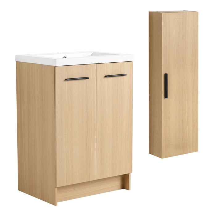 Freestanding Bathroom Vanity Set With Tall Linen Cabinet, Single Sink, Extra Storage, Soft Close Doors - Glossy White / Light Oak