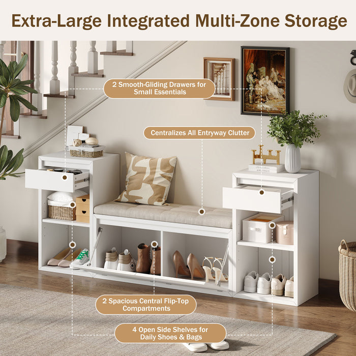 Entryway Storage Bench With Cushion, Drawers & Open Shelves